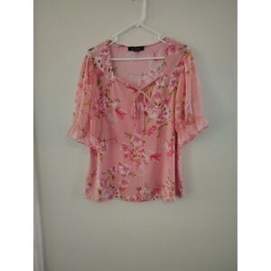 Adele & May Womens Pink Floral Sweetheart Tie Neck Flutter Sleeve Blouse XL